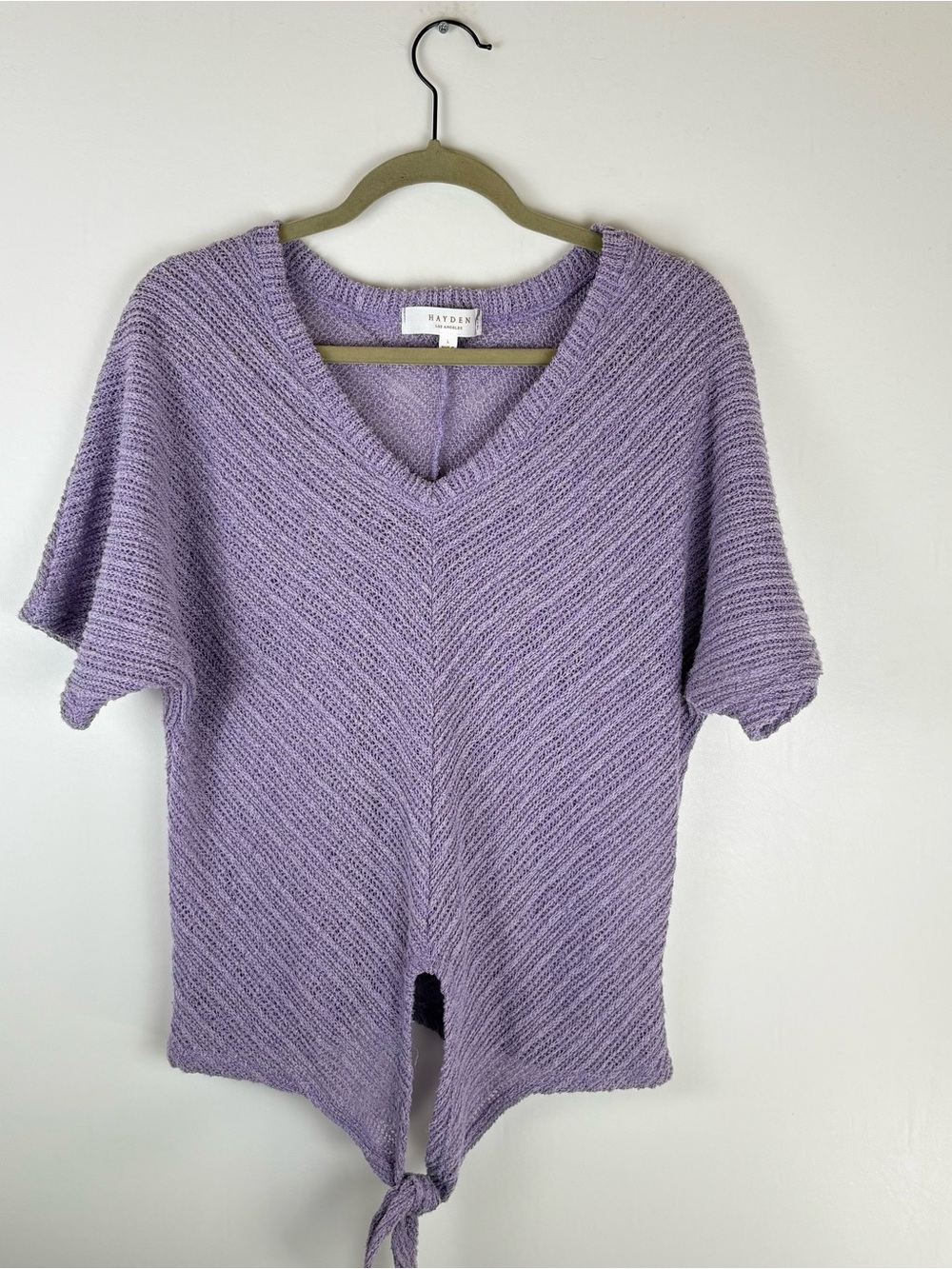 Hayden Los Angeles Women Large Waffle Knit Blouse V Neck Short Sleeve Tie Front